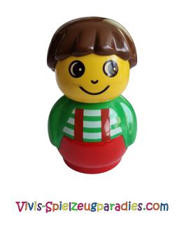 Lego Duplo Primo Figur Junge mit rotem Sockel, grünem Oberteil mit roten Hosenträgern mit weißen Streifen, braunen Haaren (baby010)